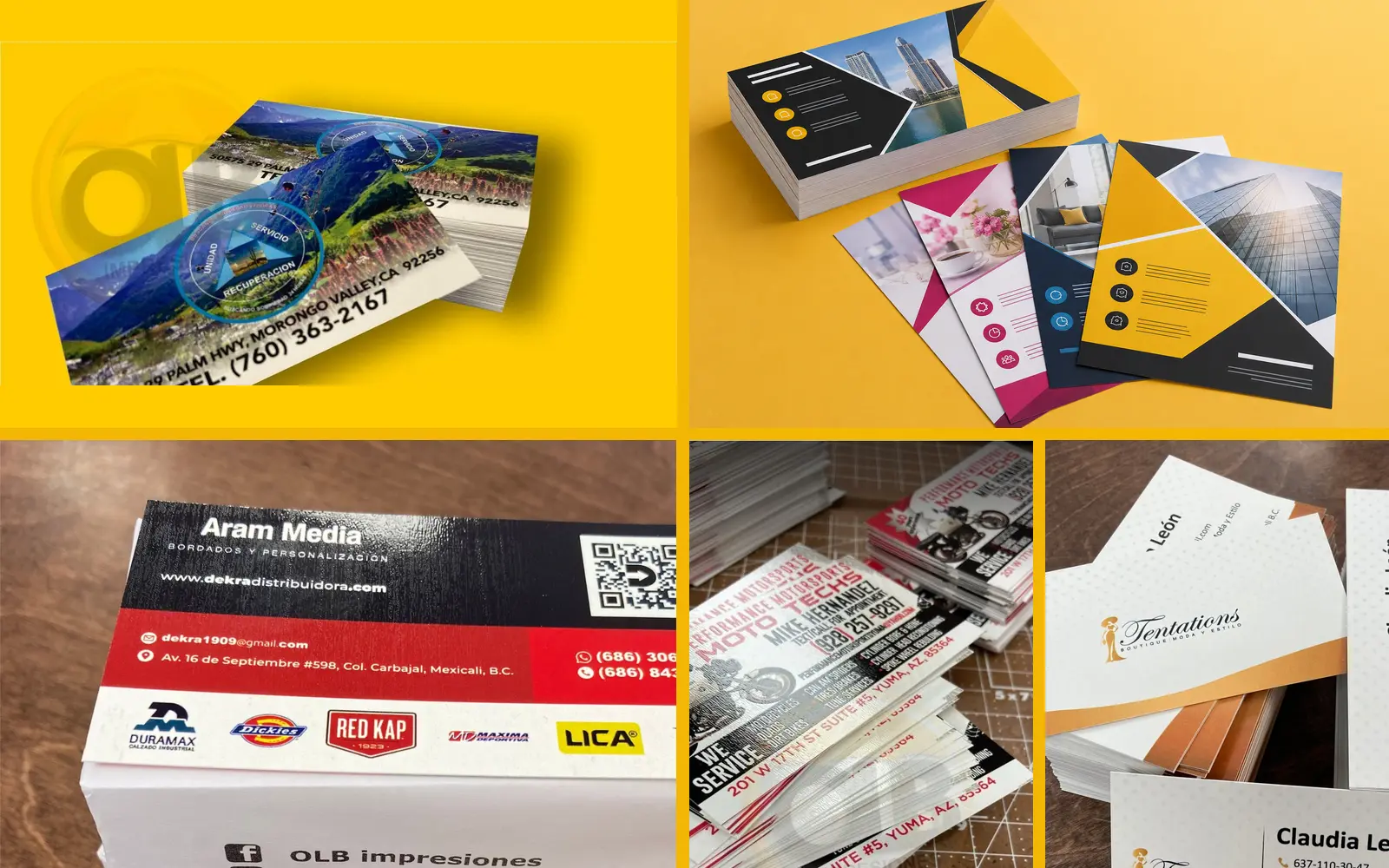 Muestra de tarjetas de presentacion y volantes producidos por OLB